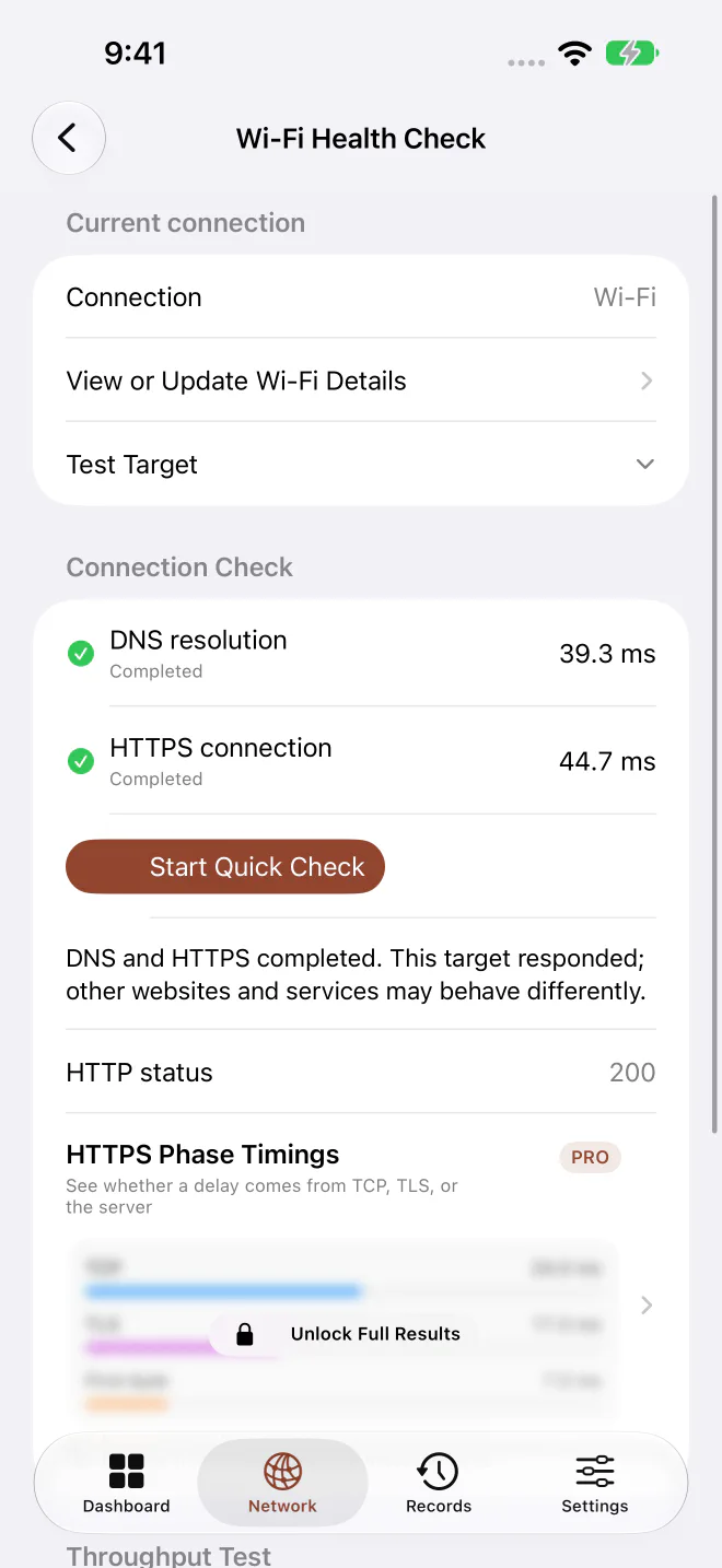 A completed DNS and HTTPS health check in Syscope.