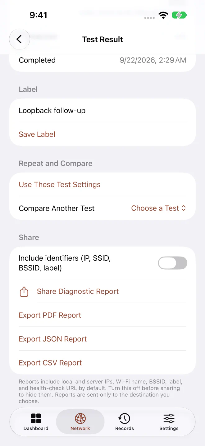 Syscope Pro report settings with PDF, JSON and CSV export options.
